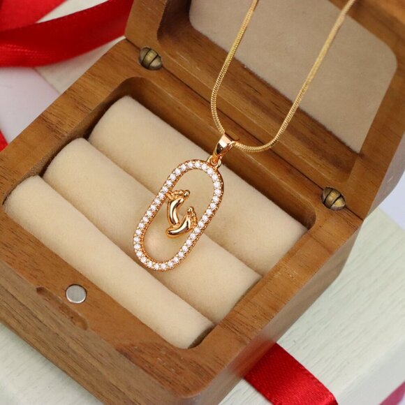 "Rose Gold Baby Feet Pendant in Sparkling Oval Frame with CZ Accents, XPPT1528 - Picture 7 of 13